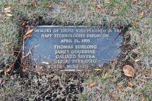 Plaque in Lodi Memorial Park commemorating the victims of the Napp Technologies explosion